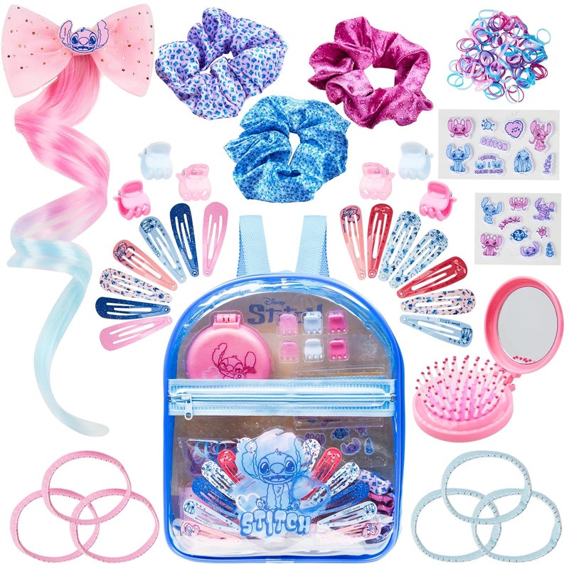 Get Trend Disney Stitch Hair Accessories Clear Backpack Set Gifts for Girls, Hair Ties, Clips, Stickers, Brush, Bands, Scrunchies, Cute Travel Bag (Blue Stitch) - Image 1